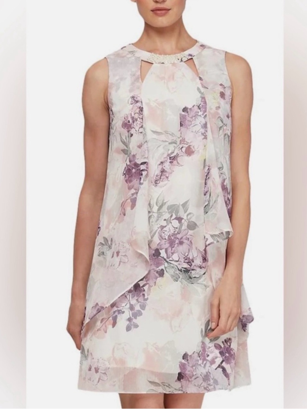 SLNY Sleeveless Ignite Evenings Purple Floral Dress with Pearls